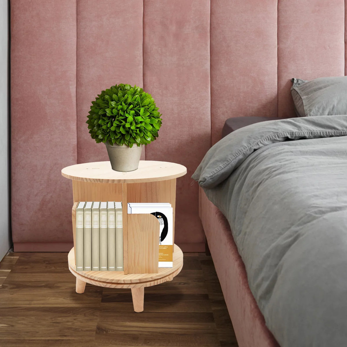 Table Standing YIYIBYUS Floor Rotating Rack Wooden Night Stand Bookshelf Organizer Bookcase Storage Bedside