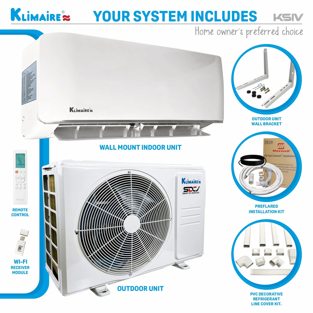 ft. to 21.5 Btu Pump sq. Heat Mini-Split Conditioner Ductless Air 400 SEER2 Klimaire 9,000 up