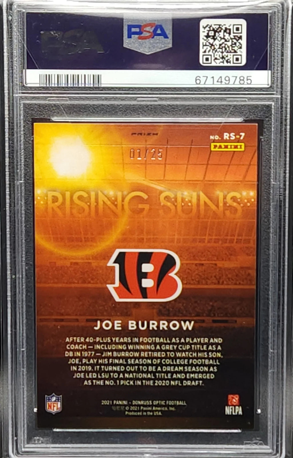 Card Joe Optic Bengals Purple Stars 9 #1/25 Burrow Donruss Rising Suns 2021 PSA