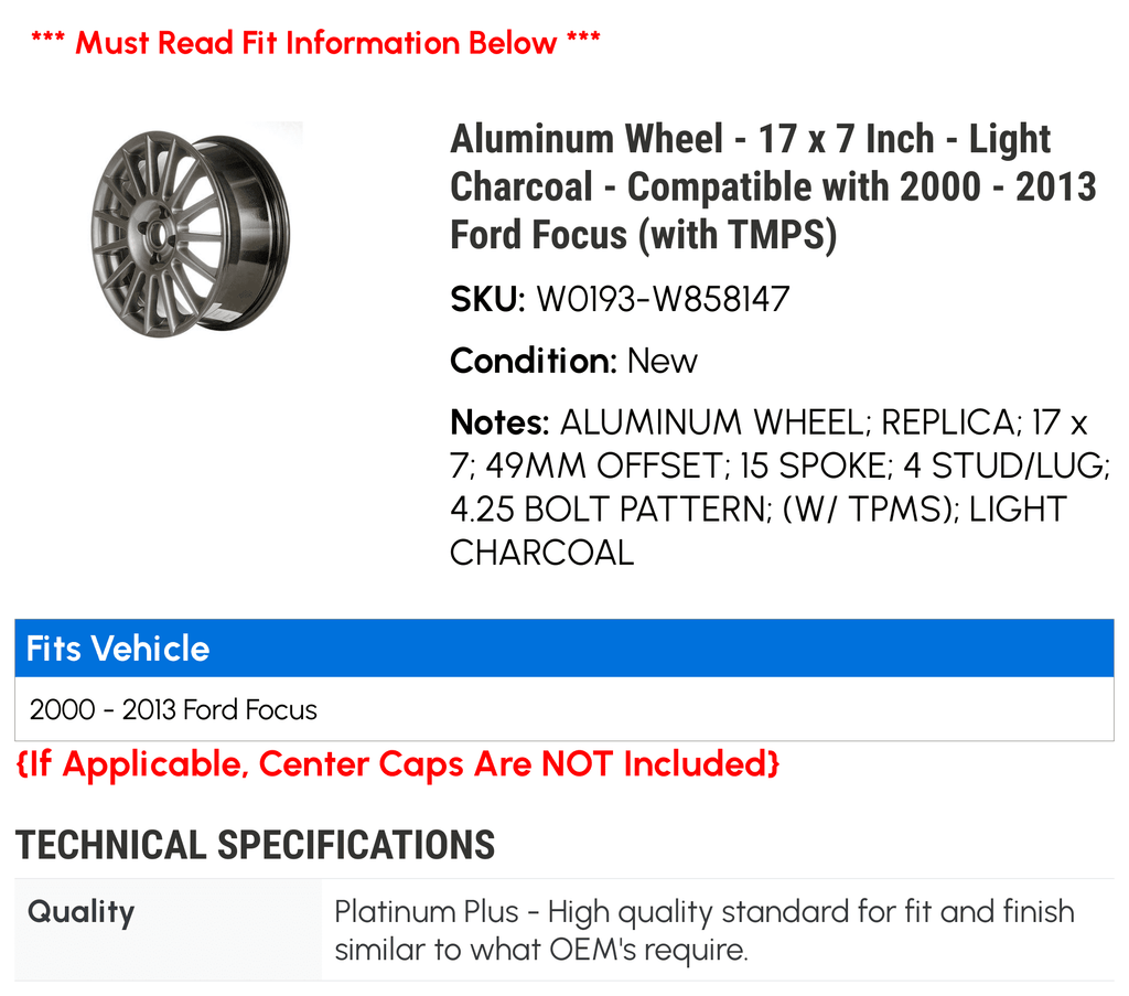 Wheel - 2000 (with 2005 2008 TMPS) - Compatible 2012 7 2010 Charcoal 2001 - x 2003 Aluminum 17 Inch Focus 2007 with 2009 2002 2004 Ford - 2011 2013 Light 2006