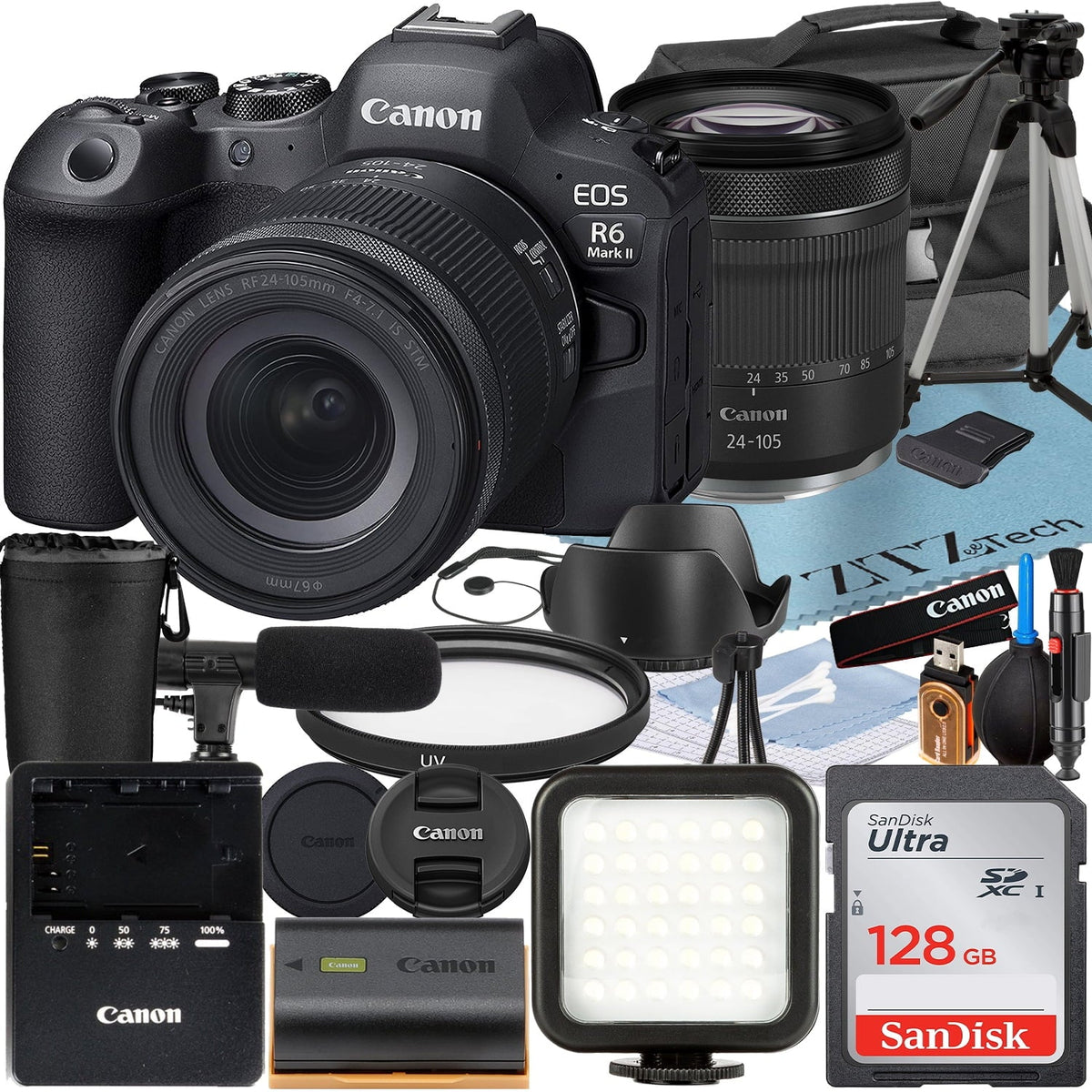 Camera II SanDisk 24-105mm Mark ZeeTech R6 Memory + Mirrorless Card Canon EOS 128GB Flash + + + Lens with Accessory LED Case Bundle RF