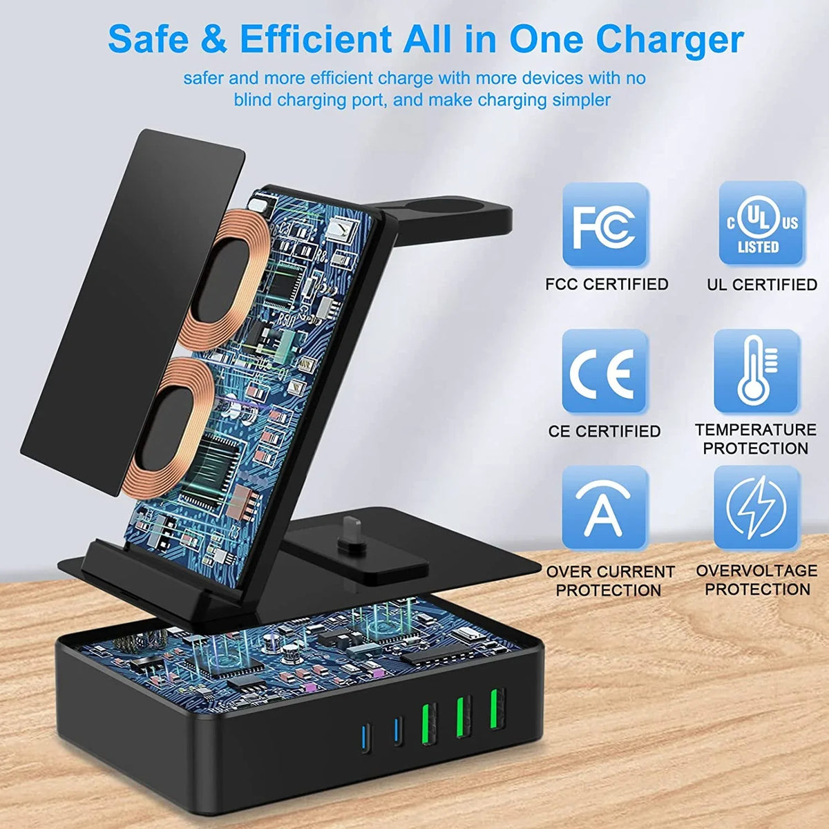 Sumsung, Fast 15W Charging Lidlife Usb 20W Charger Charging for Dock 8 100W AirPods for Port Wireless Compatible for Usb Multiple in Black with Devices, C a/ Station 1 Stand