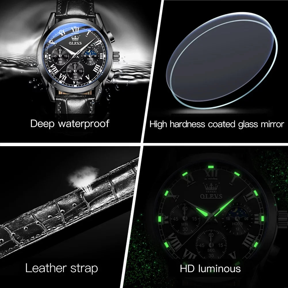 Watches Business Male for Reloj, with Watches Sports Mens Luxury Analog Luminous OLEVS Quartz Men Classic Strap Leather Wristwatch Waterproof Chronograph