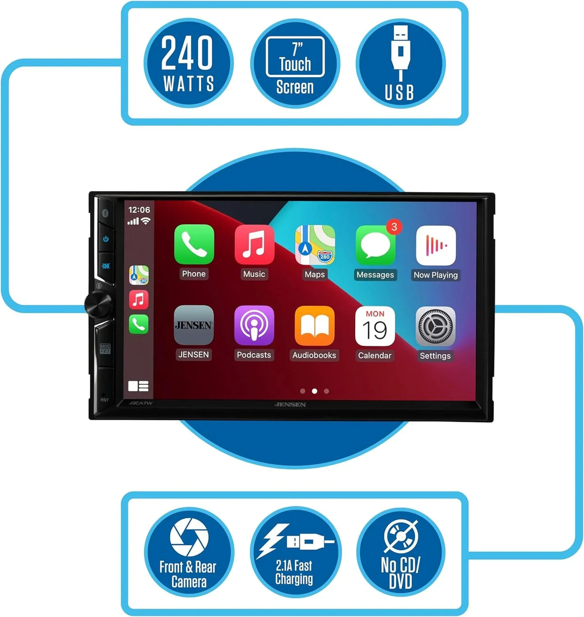 Auto, Wired Car DIN CarPlay Stereo Radio, Apple Certified Double Wireless, Jensen or Android 7-inch J3CA7W New