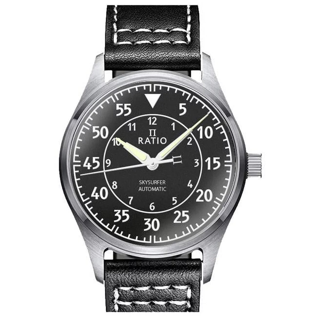 Automatic Men's Dial Textured RTS320 200M Pilot Ratio Leather Watch Black Skysurfer