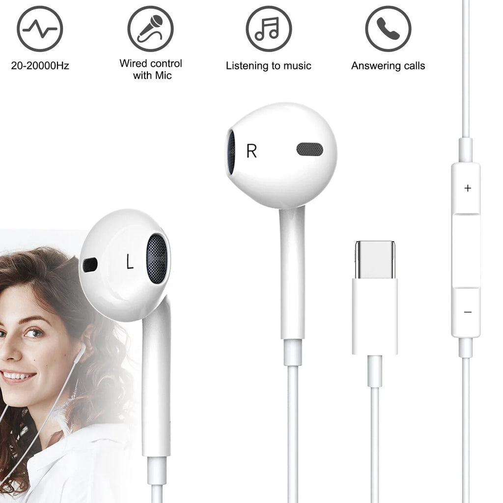 Type-C Headphones For Earbuds 15 Stereo iPhone Wired USB Pro Max,Plus,iPad Pro