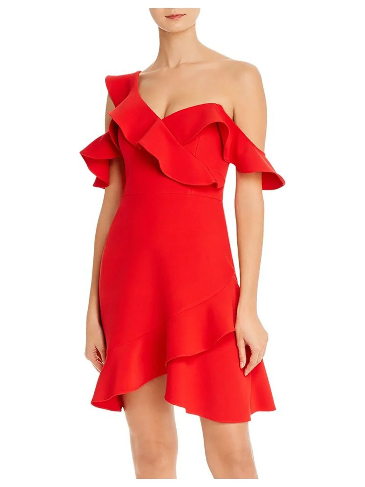 Red + Cold Party Fit Womens MAXAZRIA Asymmetrical BCBG Short Flare Shoulder Neckline Dress 12