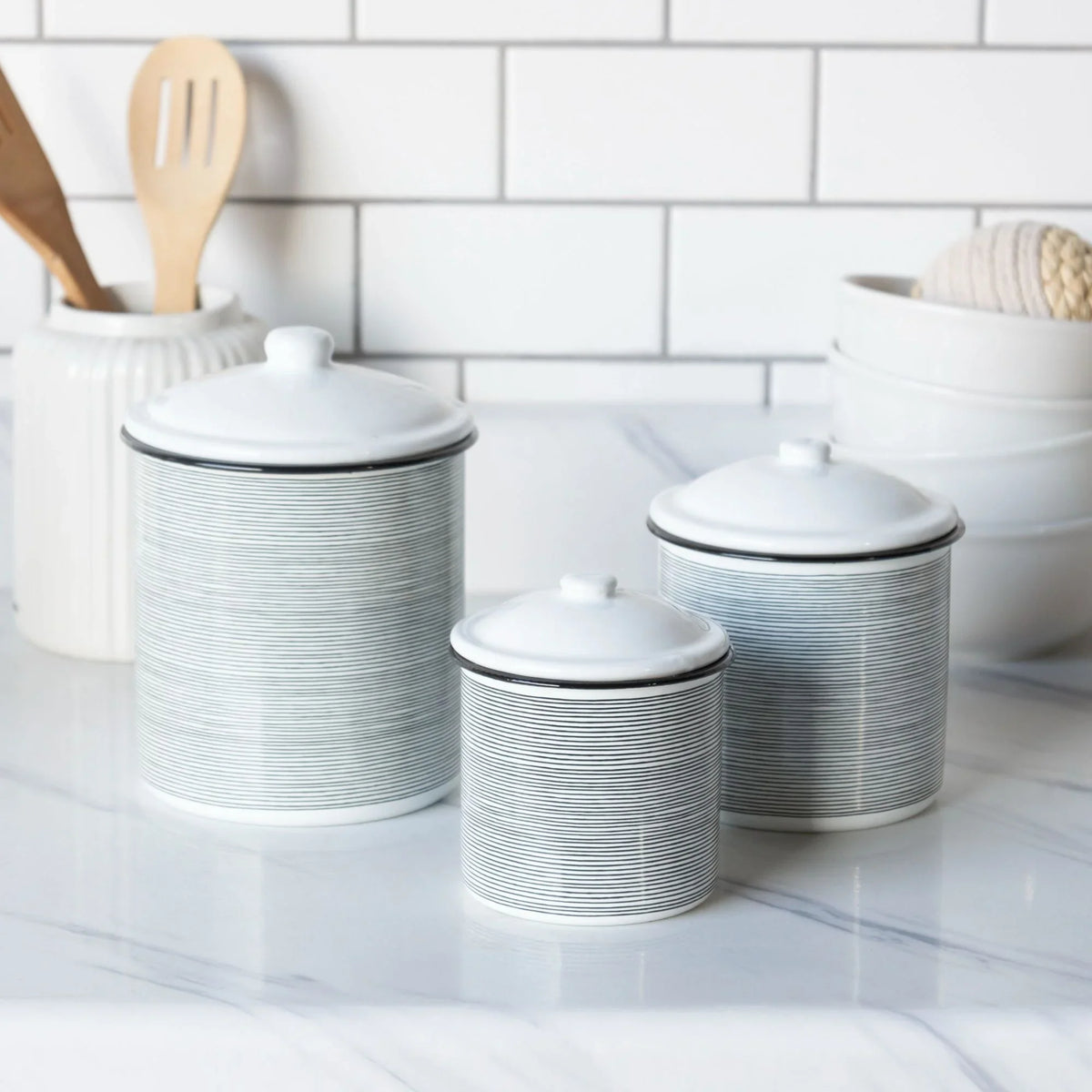 3 Striped Black of Design - White Canisters Metal Set and 7.5" - Glossy Creative Kitchen -