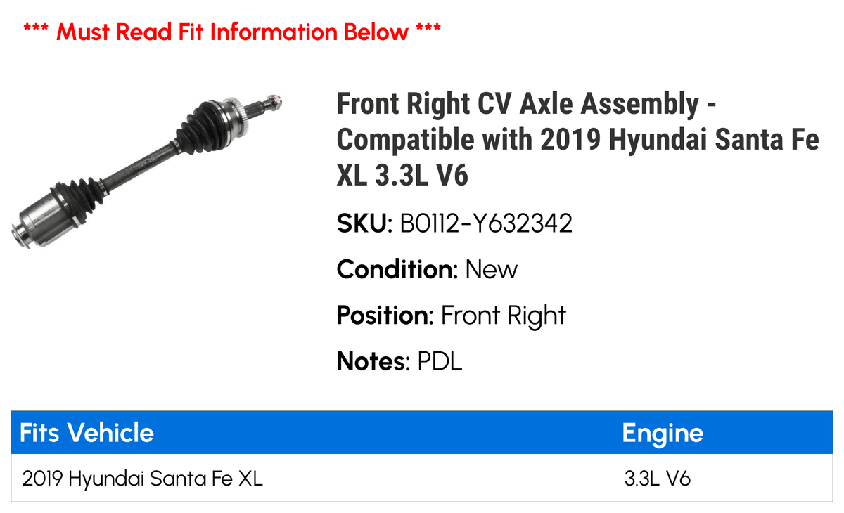 V6 Axle Right Fe Santa - Front 2019 with Compatible 3.3L CV XL Assembly Hyundai