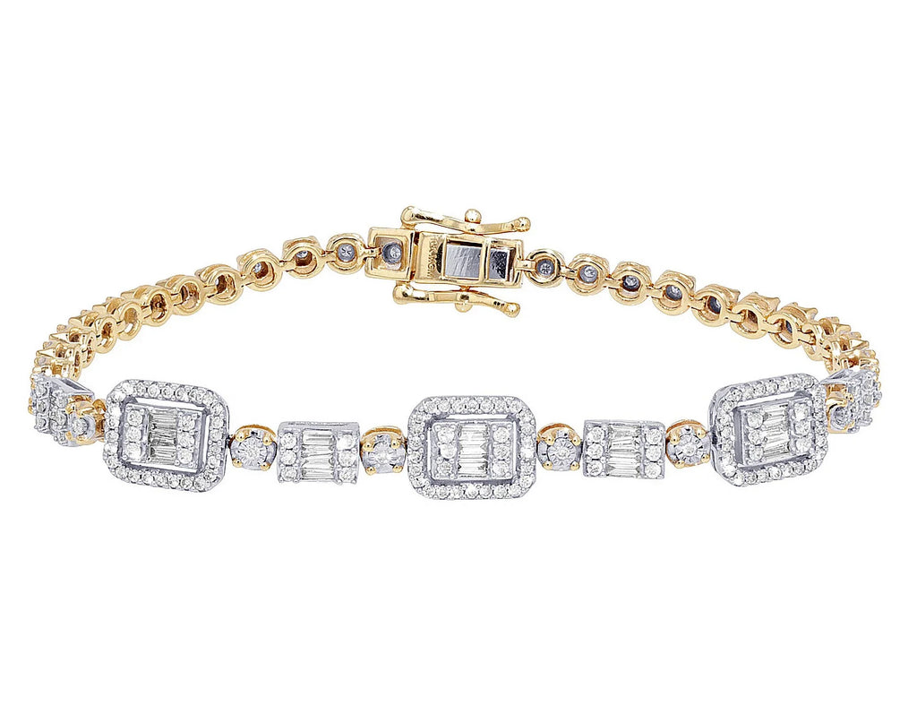 CT Baguette Cluster Diamond n 1.30 7" Set Halo Bracelet 3MM Yellow-White Gold Illusion Toni