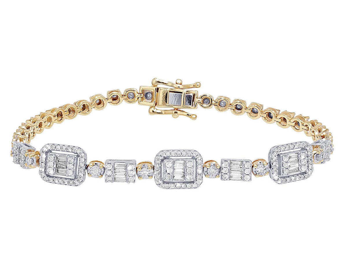 CT Baguette Cluster Diamond n 1.30 7" Set Halo Bracelet 3MM Yellow-White Gold Illusion Toni