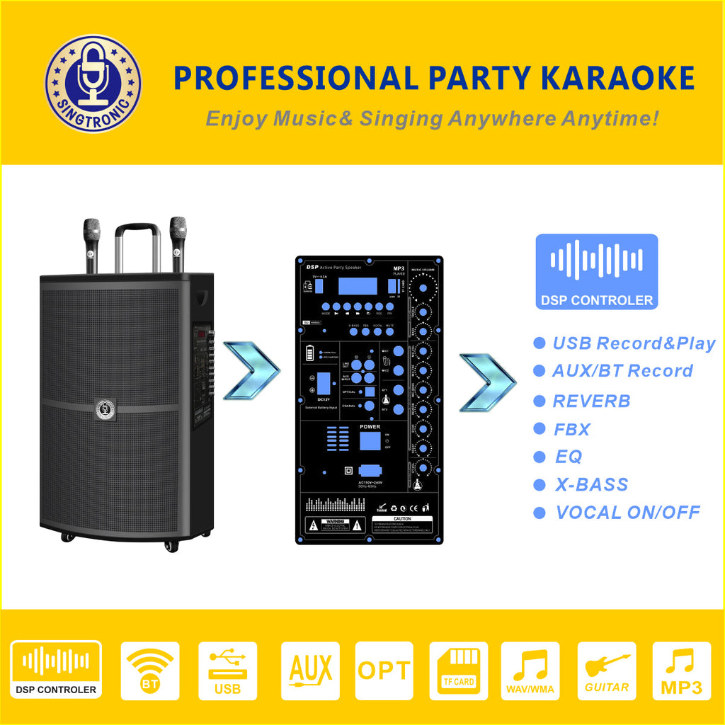 Wireless Karaoke With 15" Rechargeable Professional Mic. DSP 2 Singtronic BT-1500DSP UHF Speaker