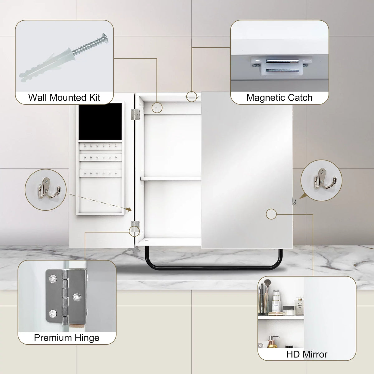 Cabinet Wall Cabinet Jewelry HLR for Square Bathroom, Mounted Mirror with Mirror, 2-Tiers