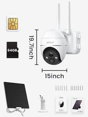 Wireless, Solar 360° Color Camera Cellular SD WiFi Powered, Vision, No Card 3G/4G Camera, LTE Night 2K Included Surveillance PTZ, Outdoor, SIM&64GB Security QHD,