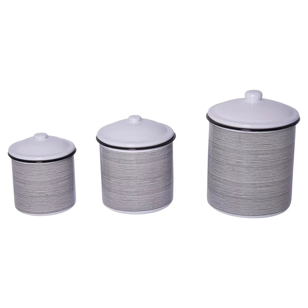 3 Striped Black of Design - White Canisters Metal Set and 7.5" - Glossy Creative Kitchen -