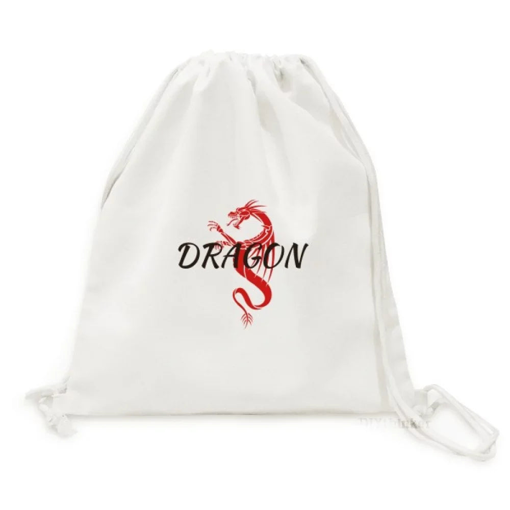 Dragon Mesh Bag Animal East West Canvas Reusable Mythology Drawstring Shopping Backpack Winged