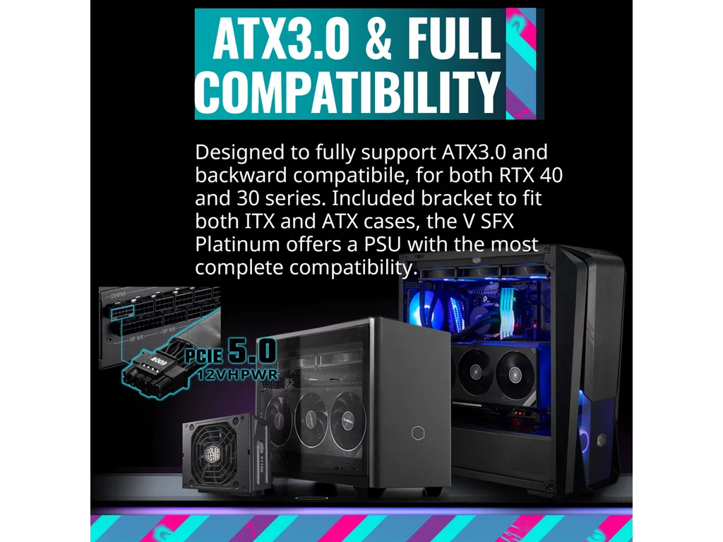 Form Fully Platinum Cooler SFX, Included, ATX Efficiency, Modular, V1100 1100W 80+ SFX ATX3.0, Fully Platinum Master Bracket Factor (MPZ-B001-SFAP-BUS) SFX