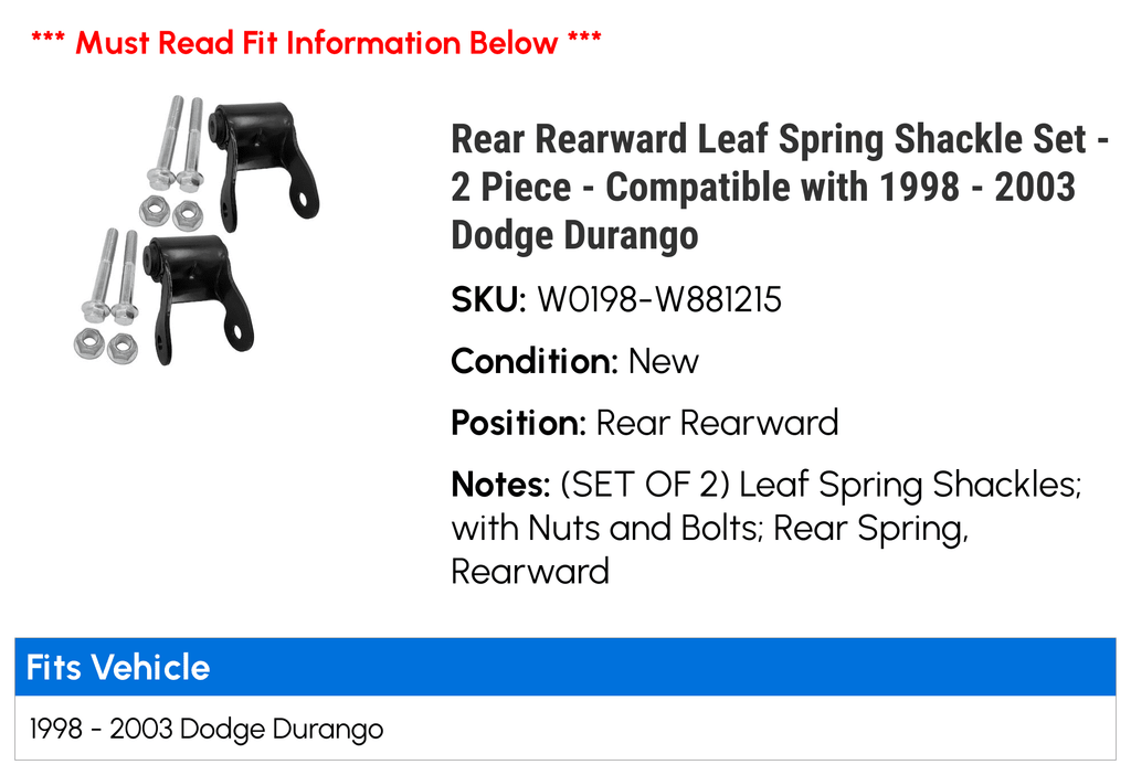 Durango Rearward - Spring Dodge - 2003 2001 Leaf Compatible - 1998 1999 Set 2 2002 2000 Piece Rear with Shackle