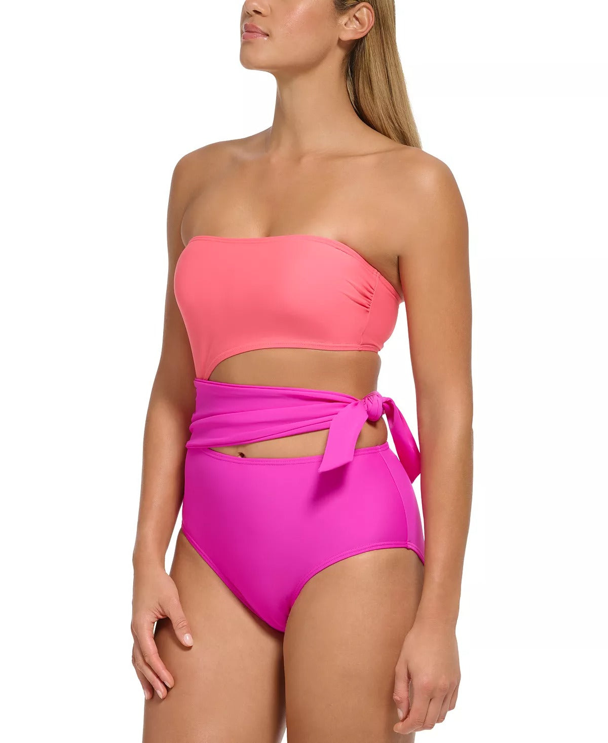US DKNY PUNCH PINK Cutout Swimsuit, One Piece Colorblock 14