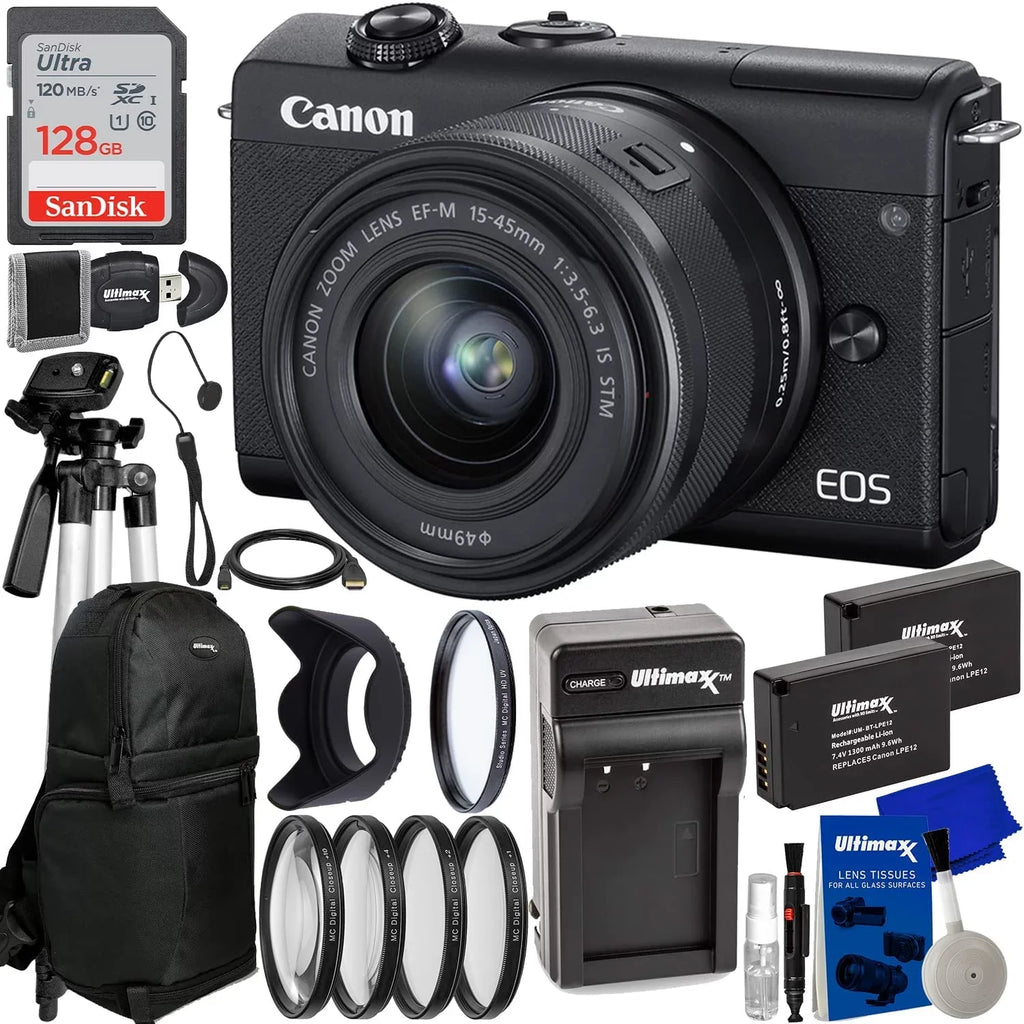 Mirrorless Digital Camera 128GB with (Black) EOS Kit + 15-45mm Canon Lens M200