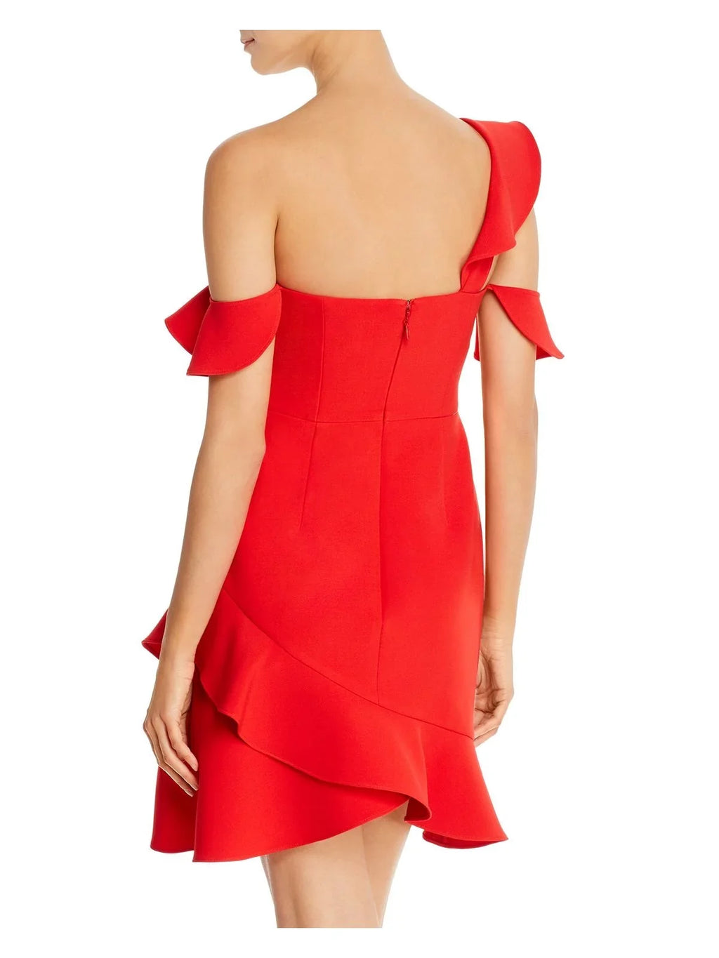 Red + Cold Party Fit Womens MAXAZRIA Asymmetrical BCBG Short Flare Shoulder Neckline Dress 12