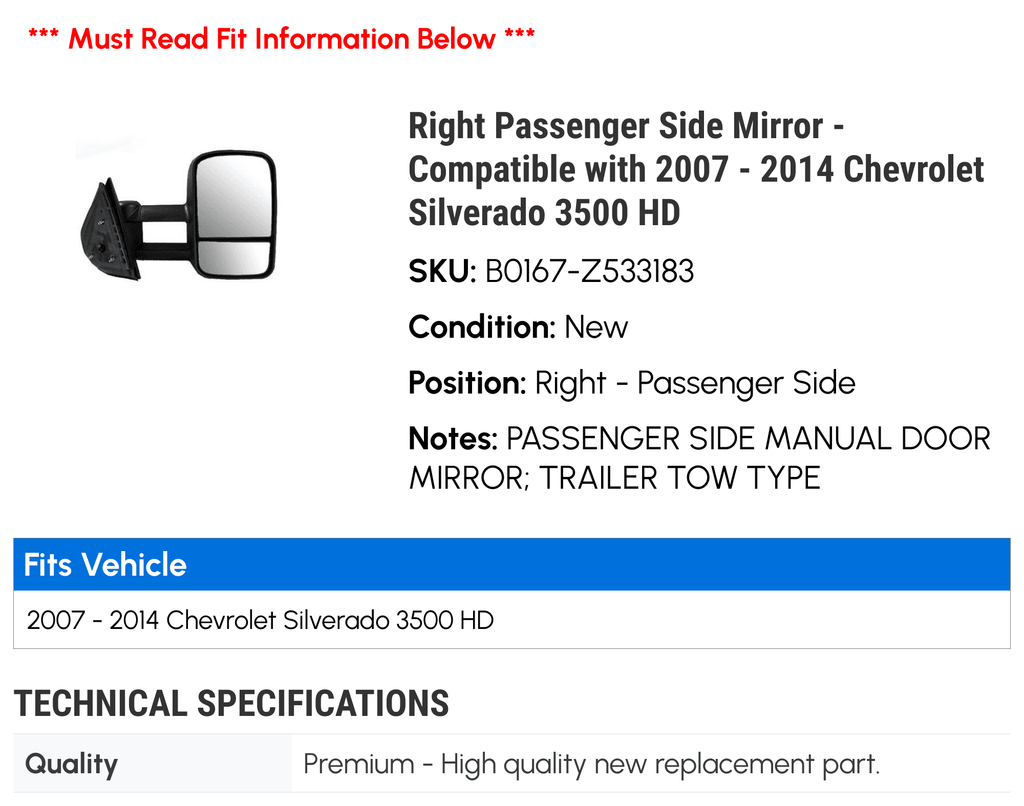 2007 Side with Passenger HD 2012 2008 2011 2013 - Silverado 2014 Mirror - 3500 Compatible 2009 Right 2010 Chevy