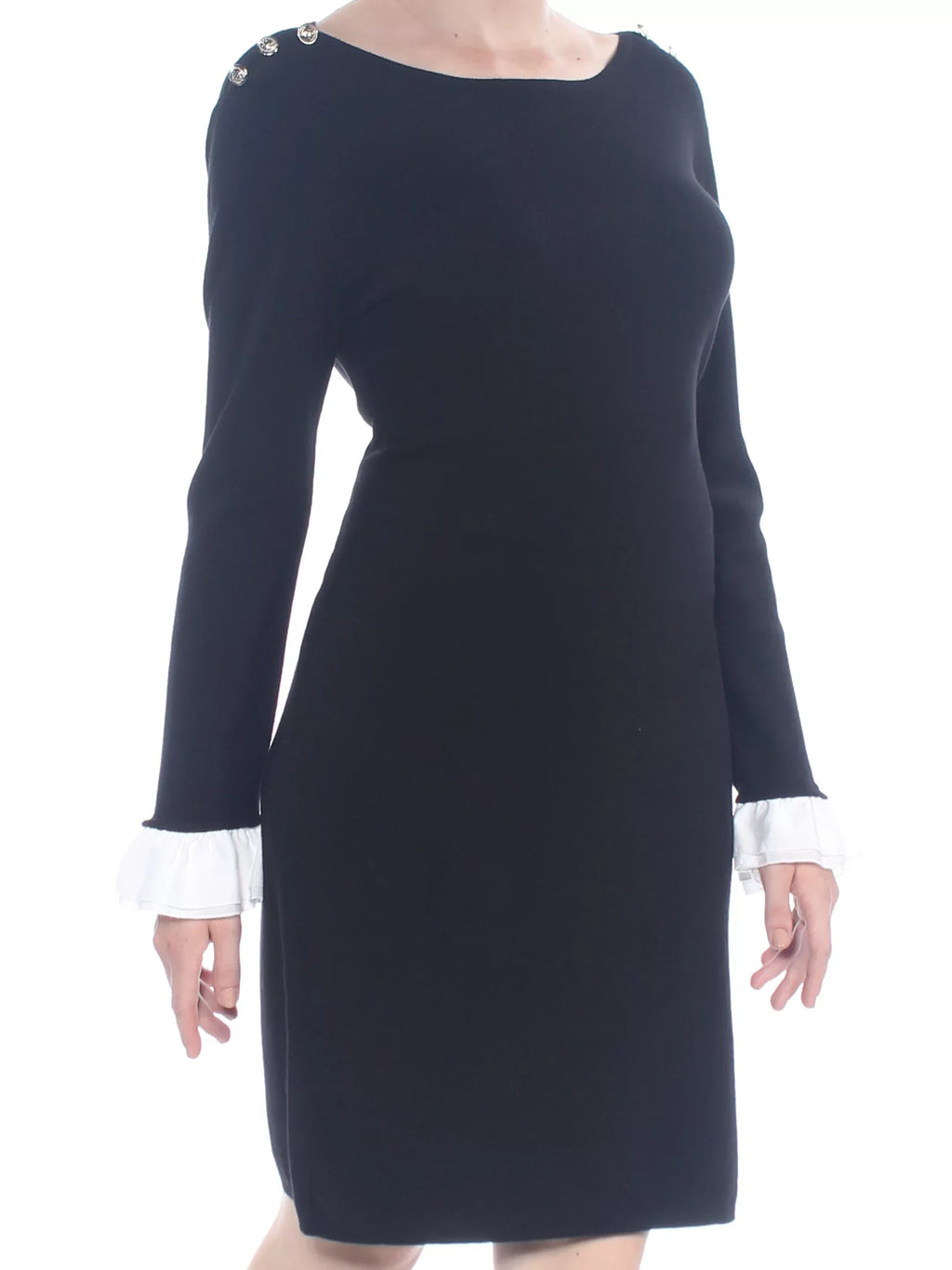Dress Womens Sheath New $119 TOMMY Button Black L HILFIGER 1216 Shoulder Sweater