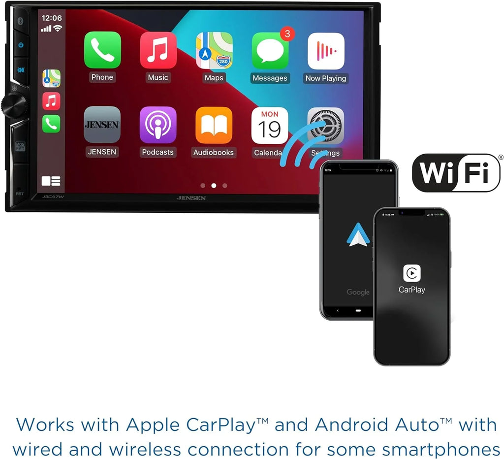 Auto, Wired Car DIN CarPlay Stereo Radio, Apple Certified Double Wireless, Jensen or Android 7-inch J3CA7W New