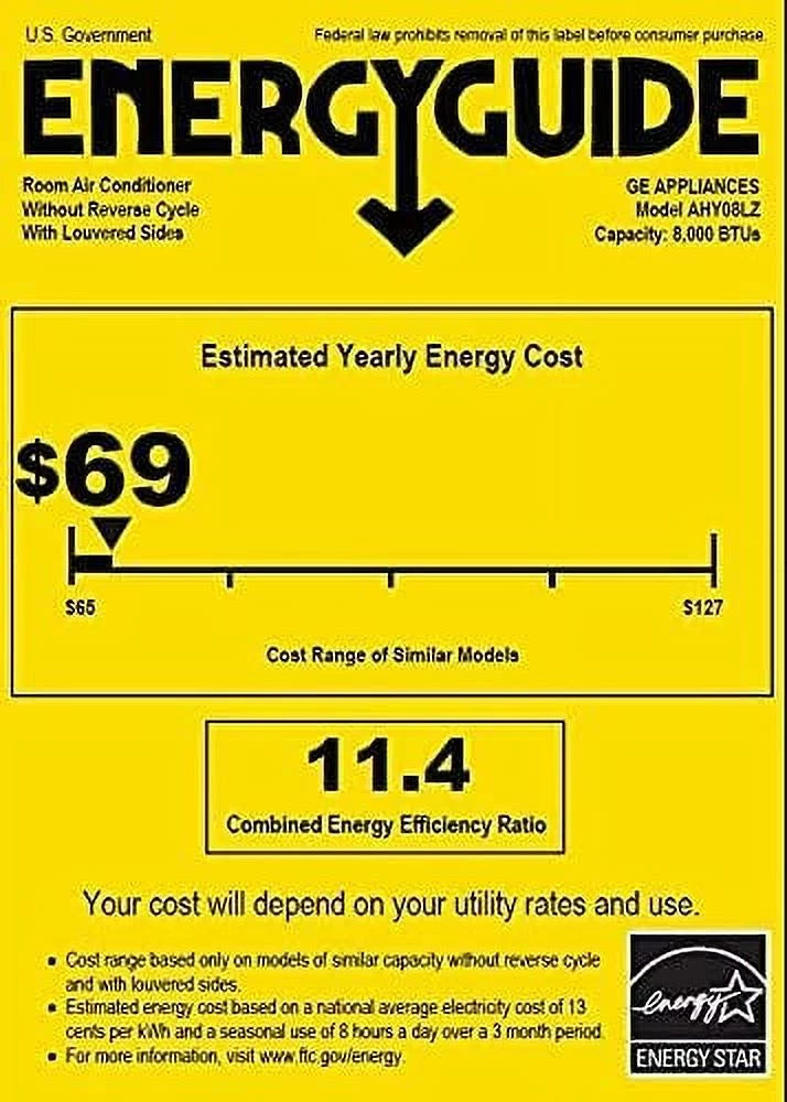 CEER Volts 115 Conditioner White Air Fan 11.4 Fixed AHY08LZ Speeds 8000 BTU GE Window Wifi 3 Cooling and Chassis Capacity Smart Connect with in
