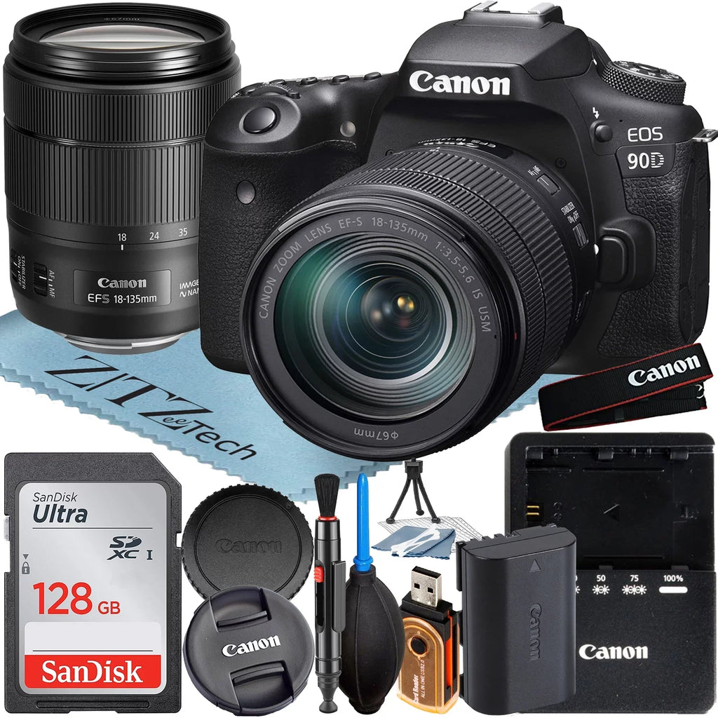 Canon + 18-135mm Accessory Card Camera SanDisk + DSLR ZeeTech USM Lens IS 128GB with EOS 90D Bundle Memory