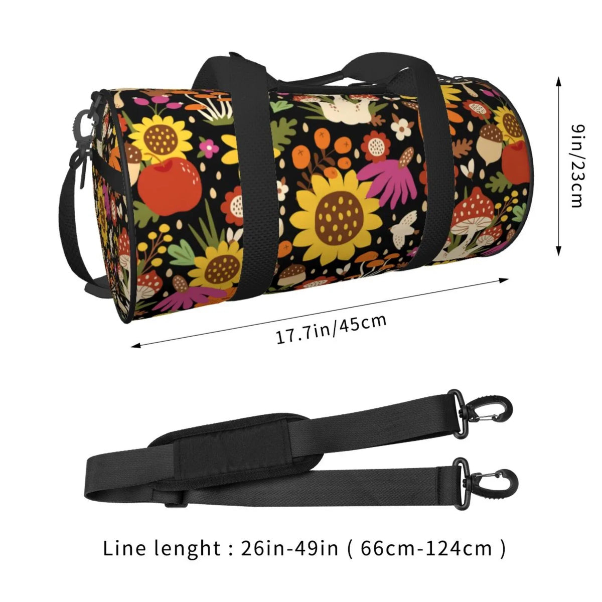 Bag Coaee Pocket with Travel and Capacity Waterproof Sports Bag Cylinder Bag Compartment Large Luggage Sunflowers Gym Mushrooms