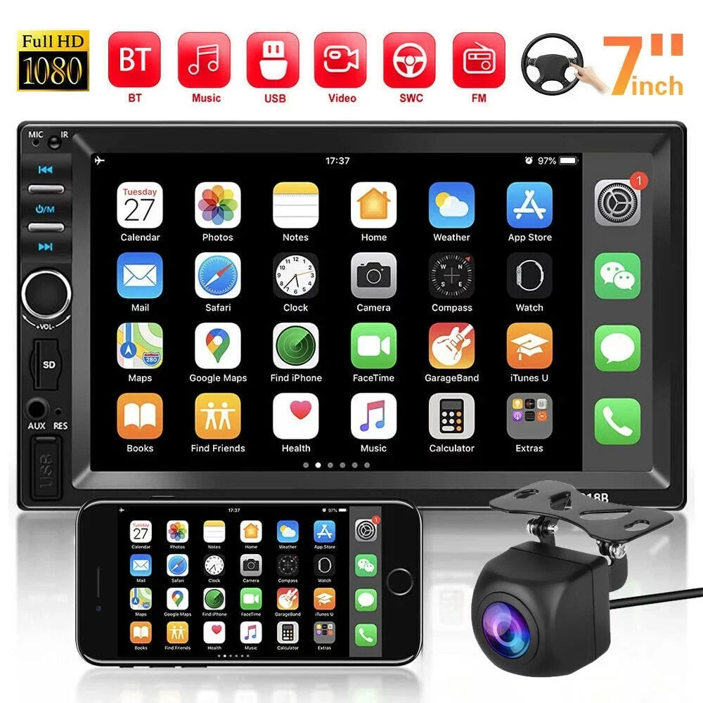 Camera Din Support Free - Backup Calling Car Stereo 7" Double Bluetooth Screen Car Radio Car Mirror with Radio Touch Hands Receiver Link/USB/SD/AUX, Radio Audio