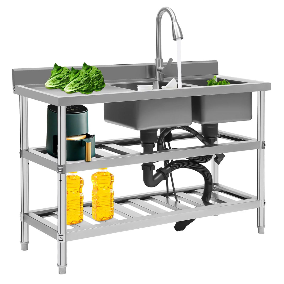 Sink Utility Sink, Wuzstar Kitchen Commercial Faucet with Stainless and High Steel Bowl Cold Double Hot