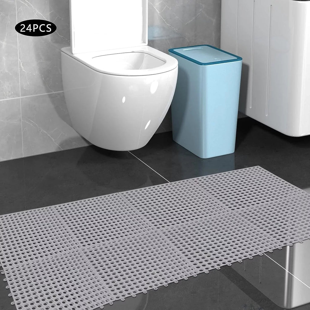 Nonslip 24PCs 11.8*11.8" Shower Bath Mat,Soft Gray Kitchen, Mat Bathroom, with PVC Pool Drainage Holes for Interlocking Floor