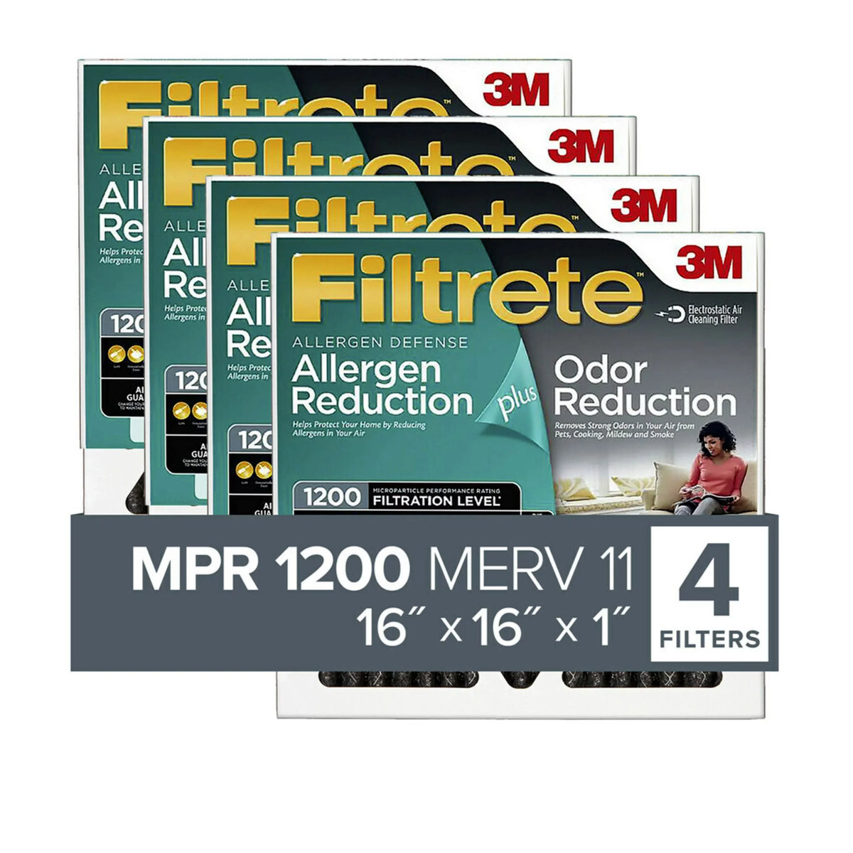 Air Reduction, Odor MERV Plus Allergen Filter, MPR Filters 16x16x1 11, 4 1200 Filtrete