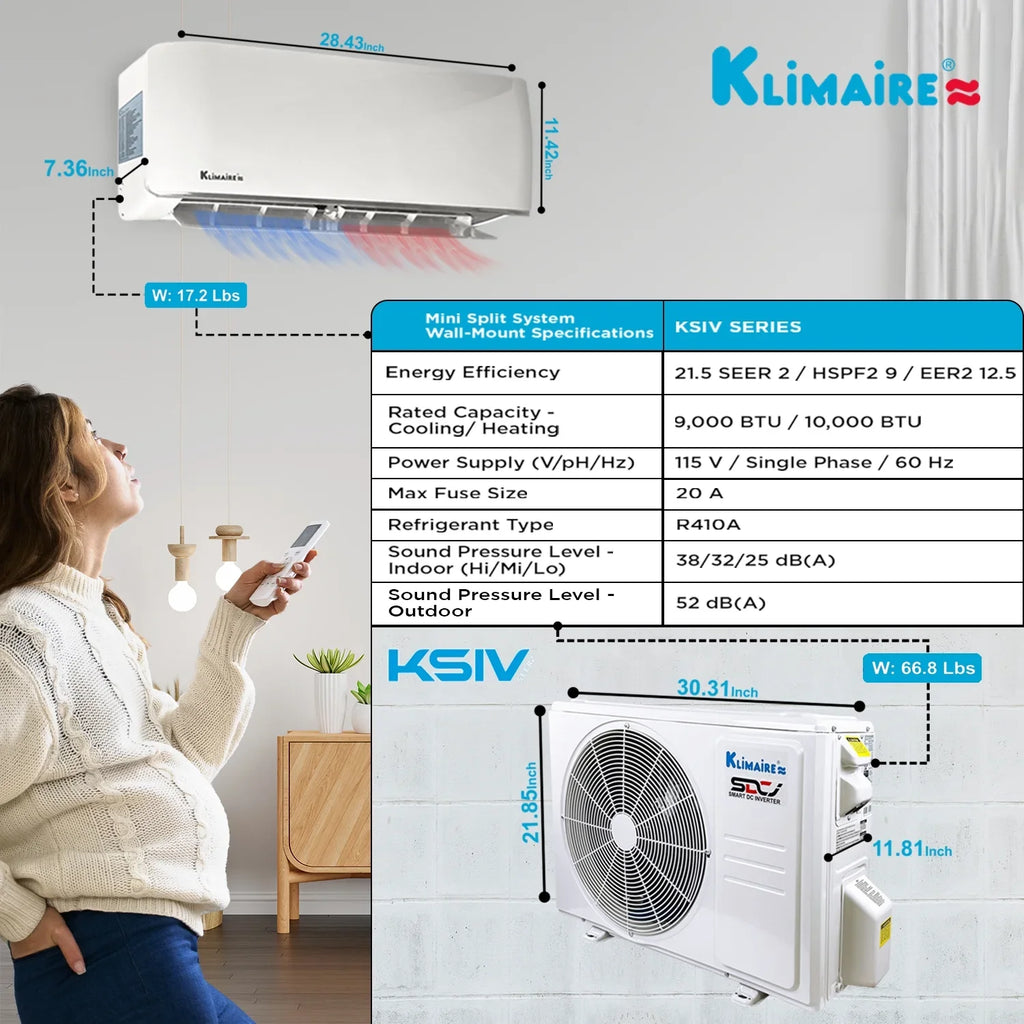 ft. to 21.5 Btu Pump sq. Heat Mini-Split Conditioner Ductless Air 400 SEER2 Klimaire 9,000 up