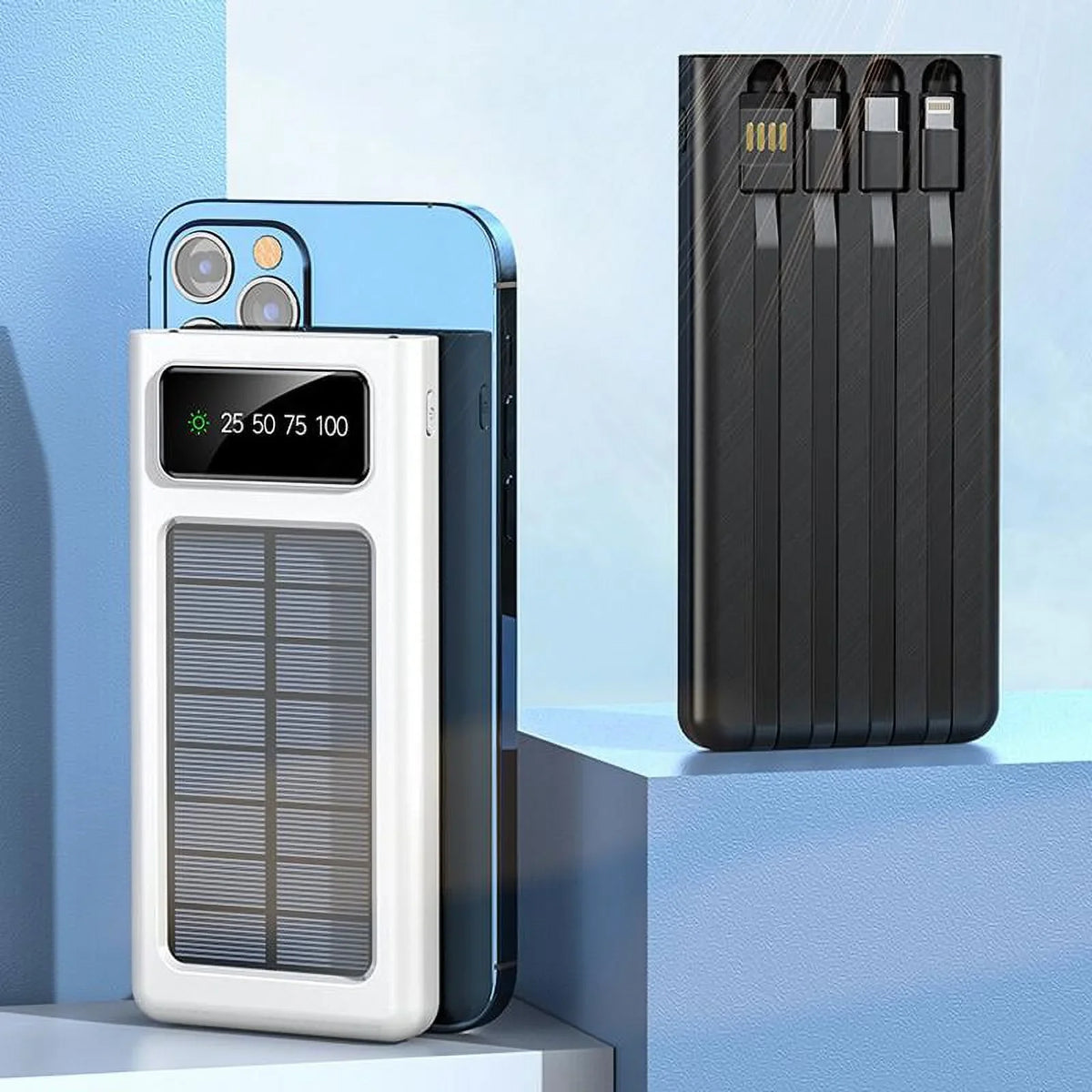 Charger 4 Power LED Flash Portable Solar W Bank Dual Cables In 20000Mah Built