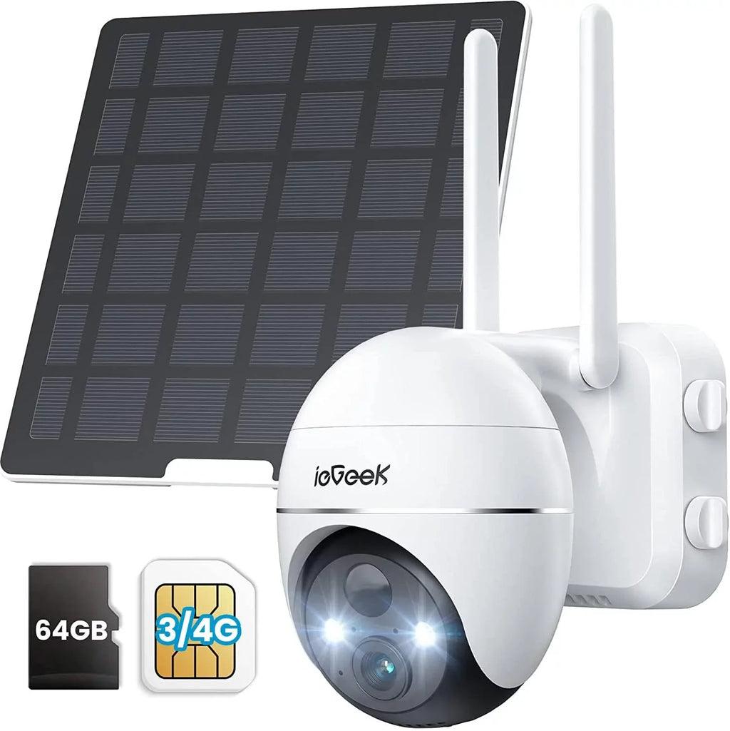 Wireless, Solar 360° Color Camera Cellular SD WiFi Powered, Vision, No Card 3G/4G Camera, LTE Night 2K Included Surveillance PTZ, Outdoor, SIM&64GB Security QHD,