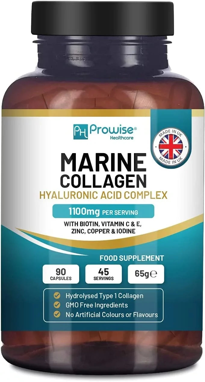E, by - Acid and Healthcare Marine | Hyaluronic Made with B2, Acid, The Hyaluronic Biotin, C, Prowise for 90 Copper, | Boosted Collagen Iodine Women 1100mg Vitamins in Men UK and with Capsules Zinc