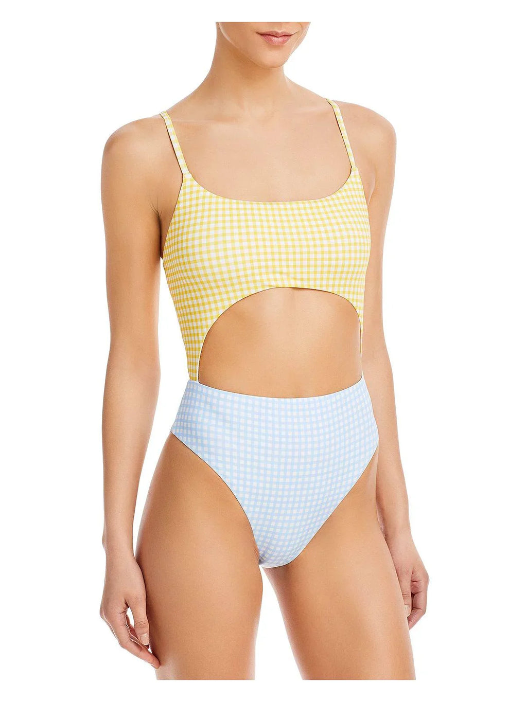 Checkered Aqua Womens Swim Swimsuit Cut-Out One-Piece