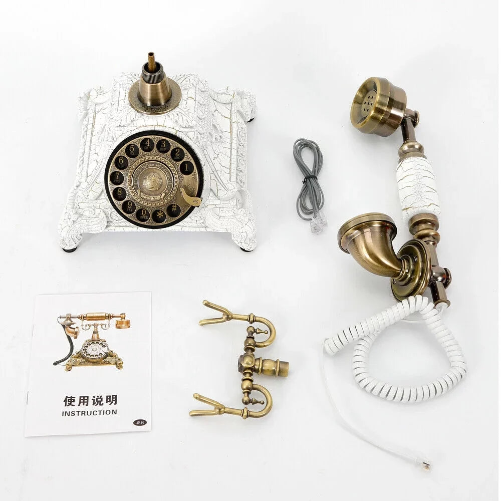 Landline Chic Desktop Elegant for Telephone Antique Telephone Wired Machine and European Home Practical Old-Fashioned Decoration Retro Dial Antique Office Resin Decoration Hotel (White) Rotary