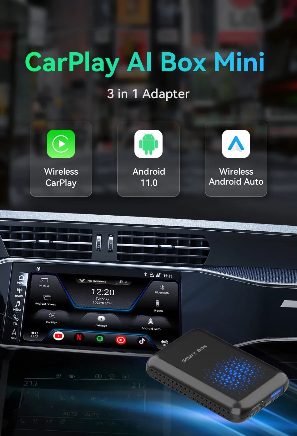 Box Multimedia Box Factory Carplay Support Netflix Carplay 2+16G YouTube SIM/TF 4G Wireless Card,for Android 11, HDMI Cars with Carplay Magic Auto Core, Box Video Output，8 Android Wired Biniz with AI