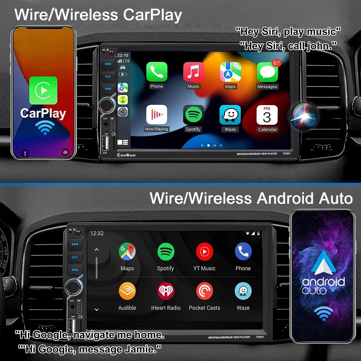 7" [Wireless] CarPlay Apple USB Android Double Rear Stereo Car Auto Touchscreen Bluetooth Radio AM/FM Din Camera
