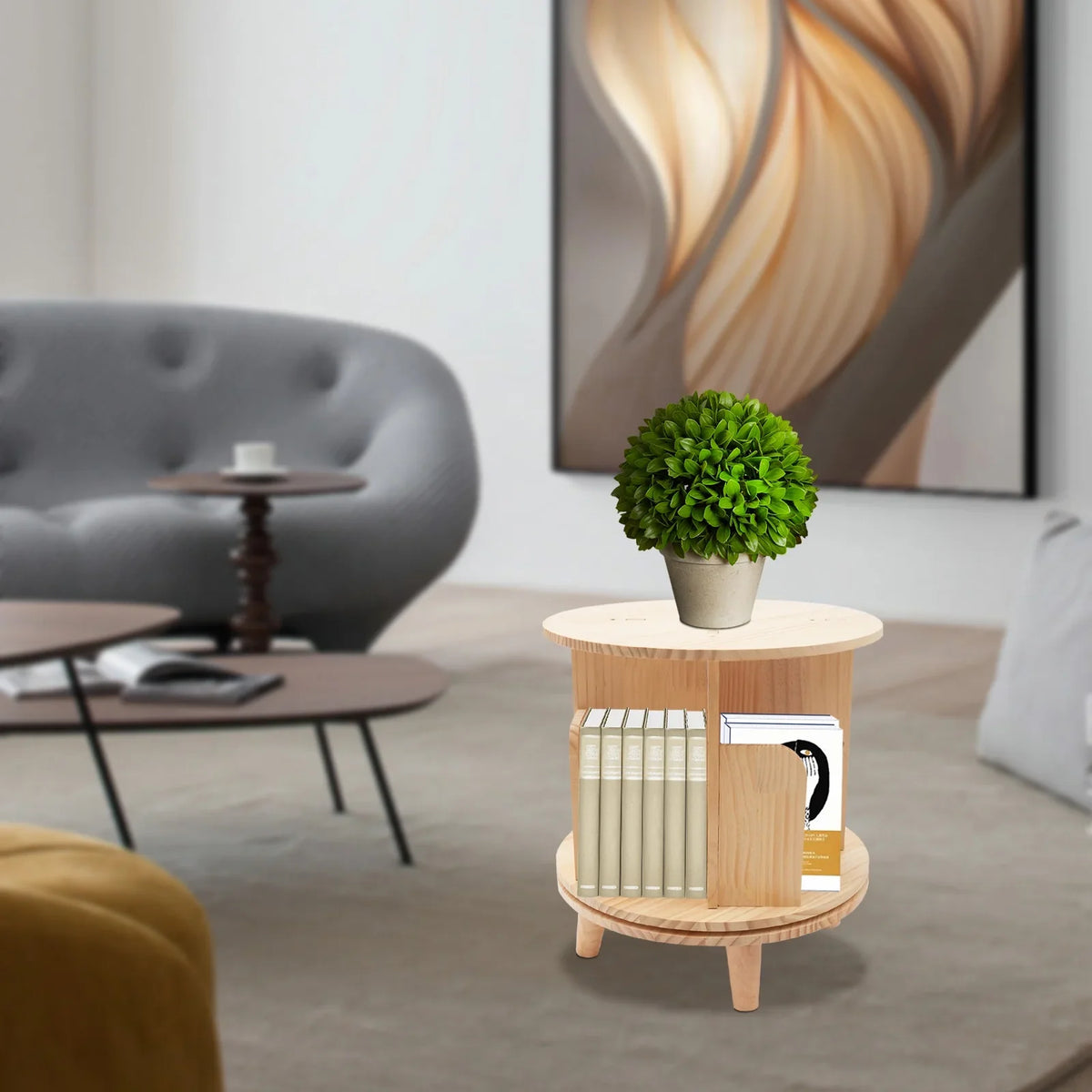 Table Standing YIYIBYUS Floor Rotating Rack Wooden Night Stand Bookshelf Organizer Bookcase Storage Bedside
