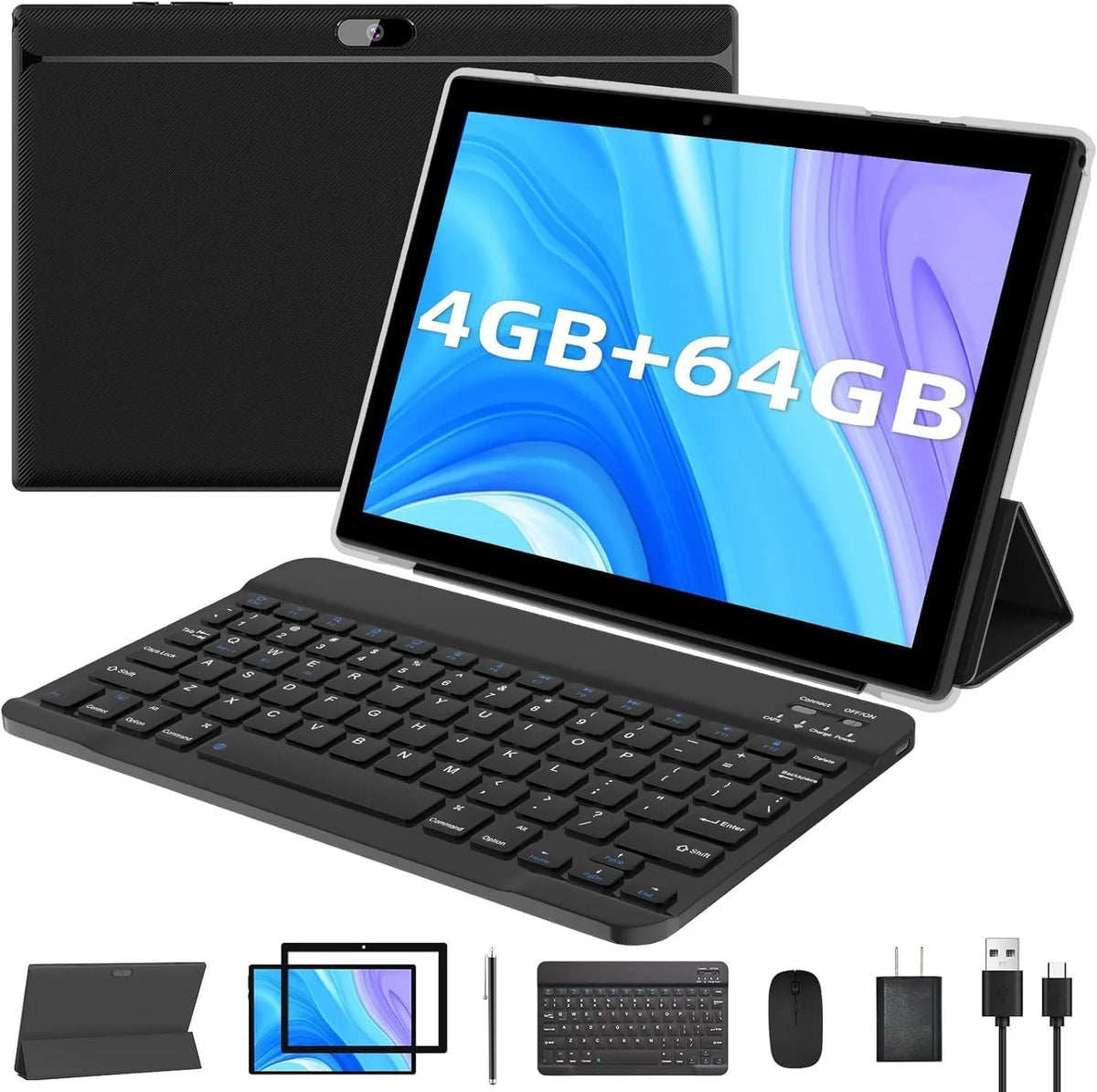 Camera Tableta Battery 11 6000mAh Keyboard/Mouse/Case/Stylus/Tempered Processor, 10.1 FHD 1 4GB Newest Tab Android ROM RAM+64GB Dual in Tablet, 10" Film, PC Inch 2 Tablets, 1280*800 Quad-Core with 8MP