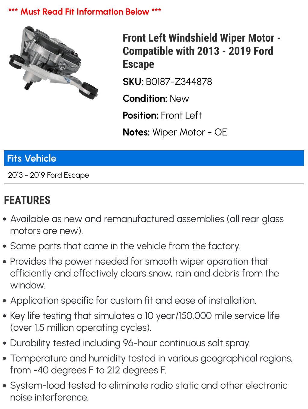 2016 2018 with - Motor Front 2017 2019 Windshield 2014 - Compatible 2015 Ford Wiper Left Escape 2013