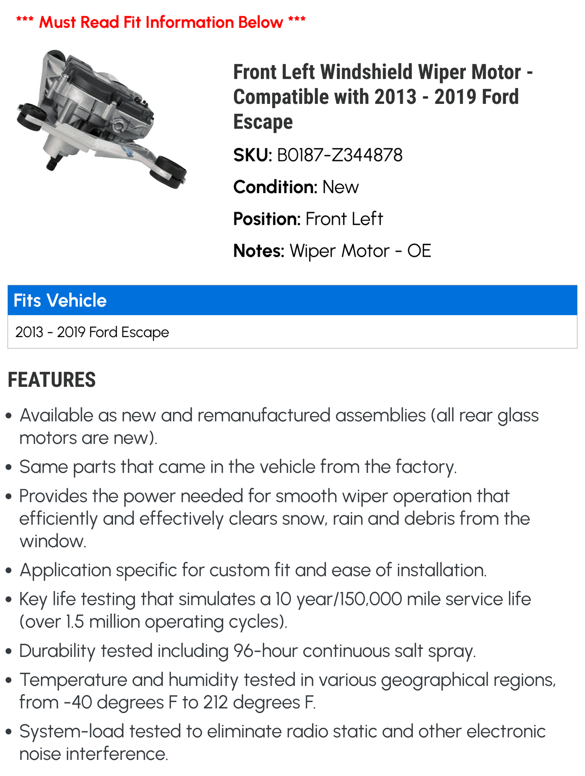2016 2018 with - Motor Front 2017 2019 Windshield 2014 - Compatible 2015 Ford Wiper Left Escape 2013
