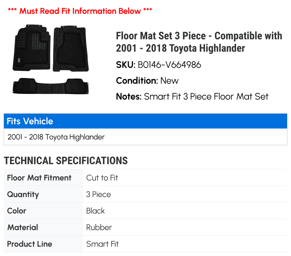 2002 3 2015 2012 2014 Mat 2004 2001 2008 Floor - Highlander 2010 Compatible - Set Piece 2009 Toyota 2011 2018 2007 2005 2017 2003 2006 2013 2016 with