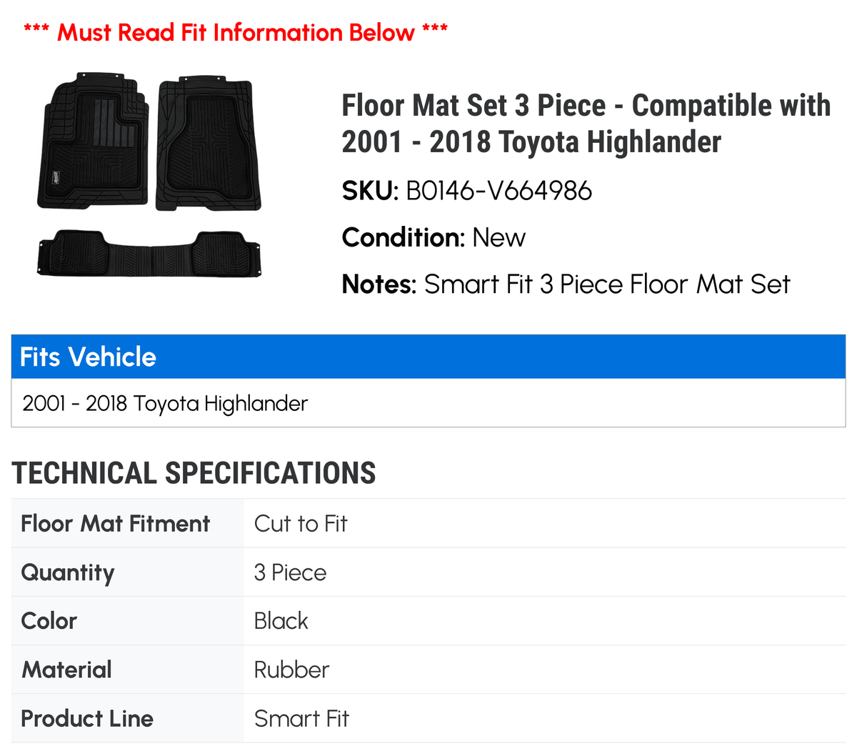 2002 3 2015 2012 2014 Mat 2004 2001 2008 Floor - Highlander 2010 Compatible - Set Piece 2009 Toyota 2011 2018 2007 2005 2017 2003 2006 2013 2016 with