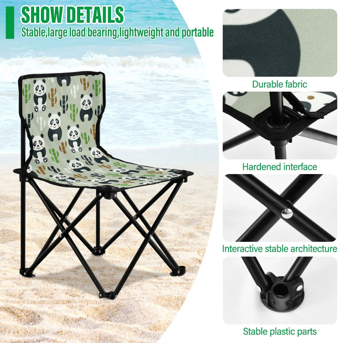 with Chair Chair Folding Chair Cartoon Carry Pandas to 220LBS Camping and Lawn Beach Bamboos Support Bag Fishing Portable Chair Outdoor